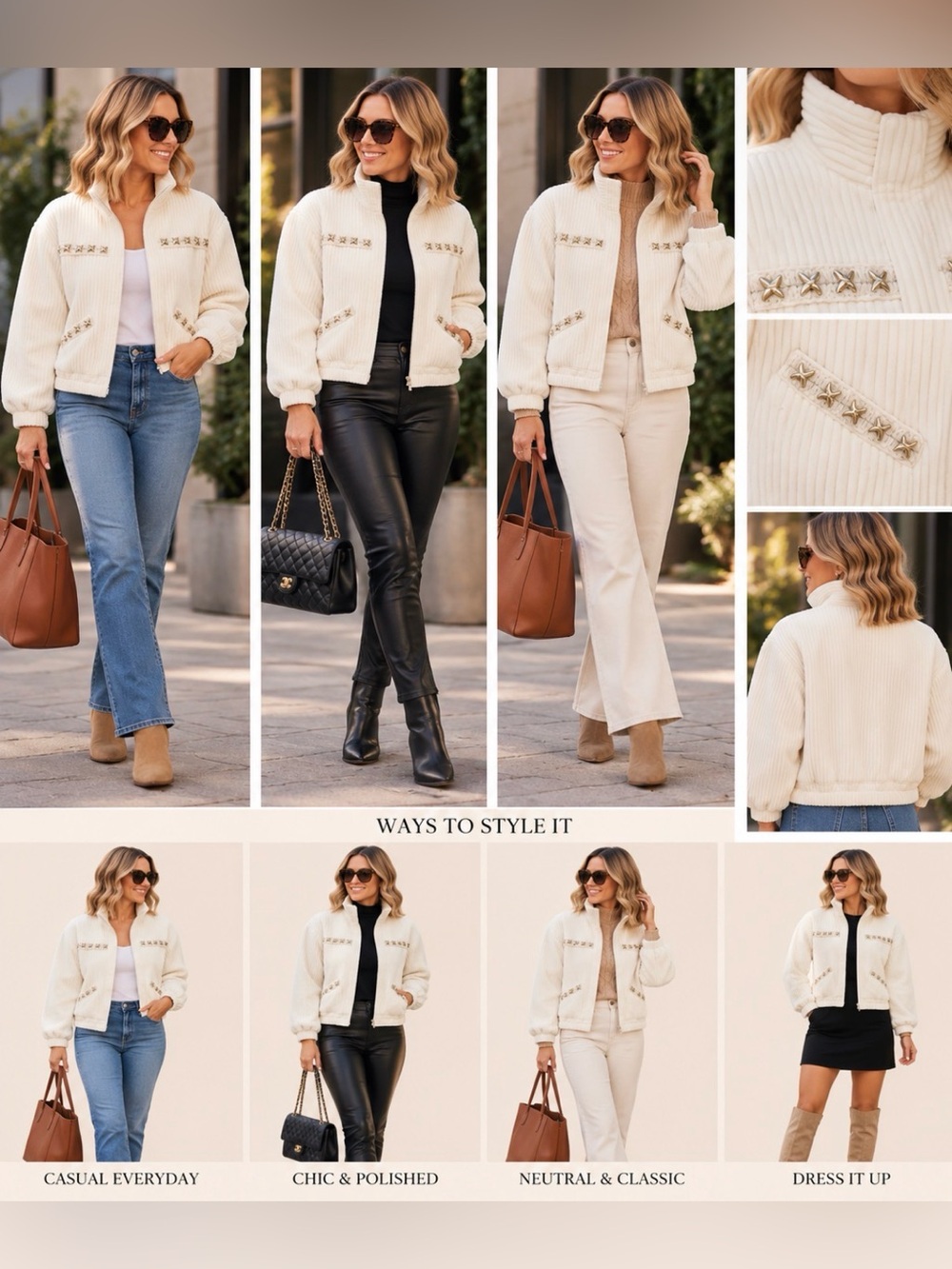 Women’s Cream Ribbed Zip-Front Jacket with Star Stud Trim